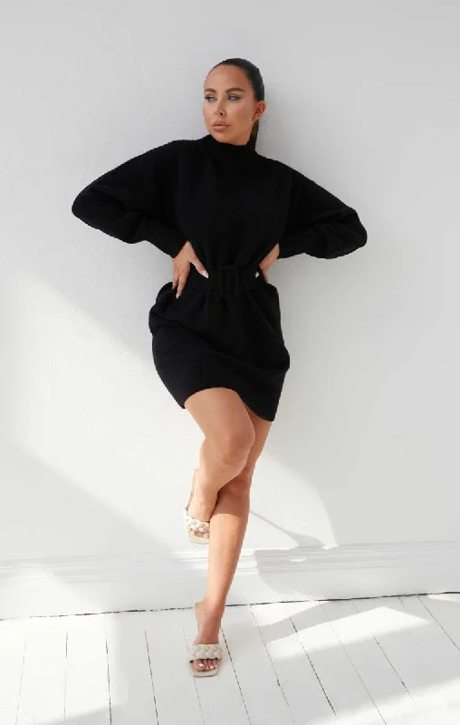 Black Knitted High Neck Long Sleeve Belted Mini Jumper Dress - Zaor