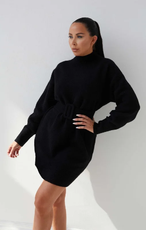 Black Knitted High Neck Long Sleeve Belted Mini Jumper Dress - Zaor