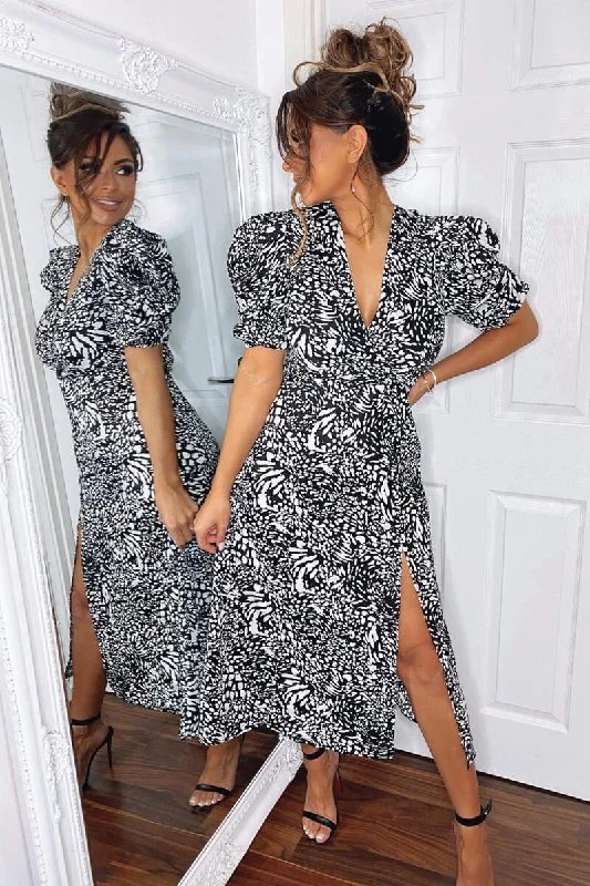 Black Printed Split Leg Midi Dress