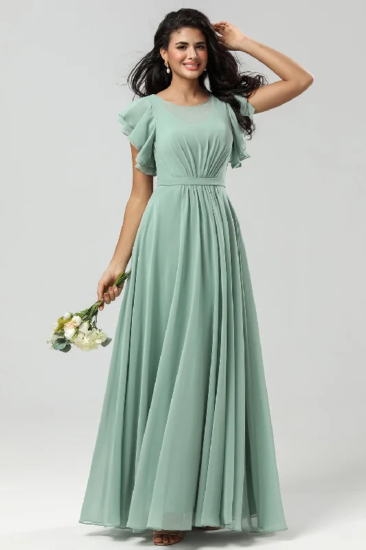 Boat Neck Matcha Long Bridesmaid Dress with Ruffles