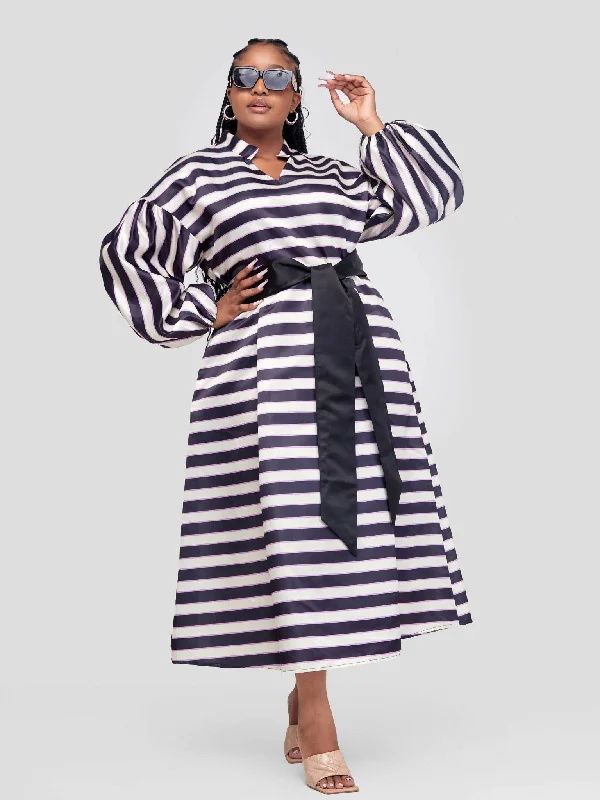 Bold N Chic Stripped Heavy Satin A-line Dress With Ribbon Belt - Black / White