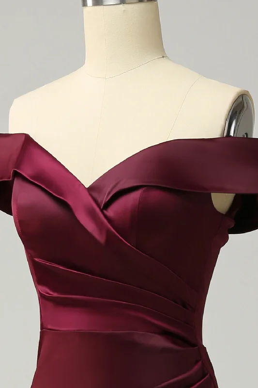 Burgundy Off The Shoulder Sheath Long Bridesmaid Dress