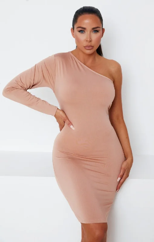 Camel One Shoulder Long Sleeve Bodycon Mini Dress - Ugne