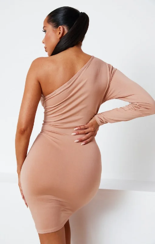 Camel One Shoulder Long Sleeve Bodycon Mini Dress - Ugne