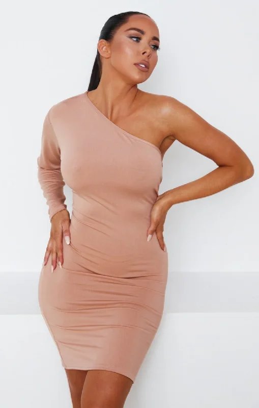 Camel One Shoulder Long Sleeve Bodycon Mini Dress - Ugne