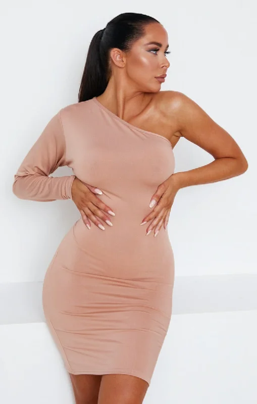 Camel One Shoulder Long Sleeve Bodycon Mini Dress - Ugne