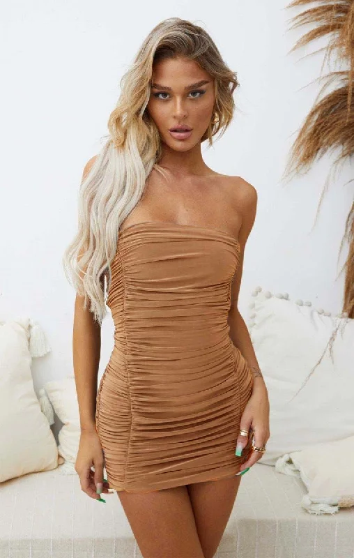 Camel Slinky Ruched Strapless Bodycon Mini Dress - Amya