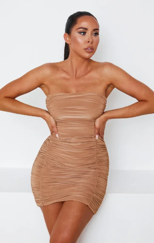 Camel Slinky Ruched Strapless Bodycon Mini Dress - Amya