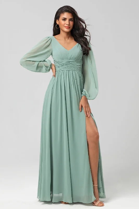 Chiffon A-Line Long Sleeves Matcha Bridesmaid Dress with Slit