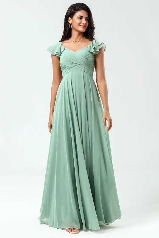 Chiffon A-Line Matcha Bridesmaid Dress with Ruffles