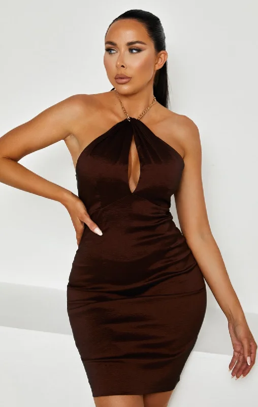 Chocolate Halter Neck Chain Detail Cut-Out Bodycon Mini Dress - Della