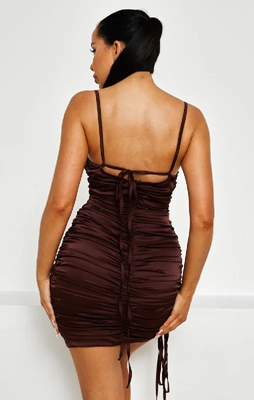 Chocolate Satin Ruched Cup Detail Strappy Bodycon Mini Dress - Rosalita