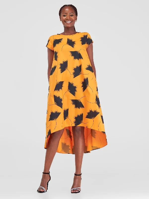 Vivo Jema High Low Tent Dress - Orange / Black Niger Print