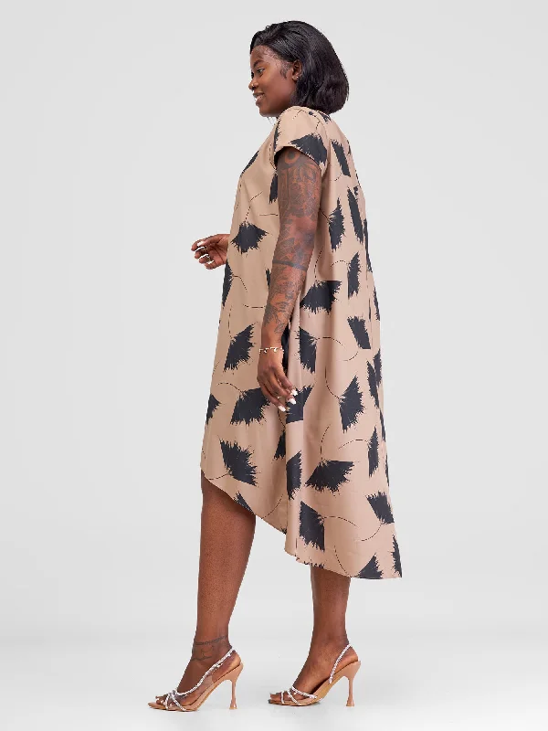 Vivo Jema High Low Tent Dress - Taupe / Black Niger Print