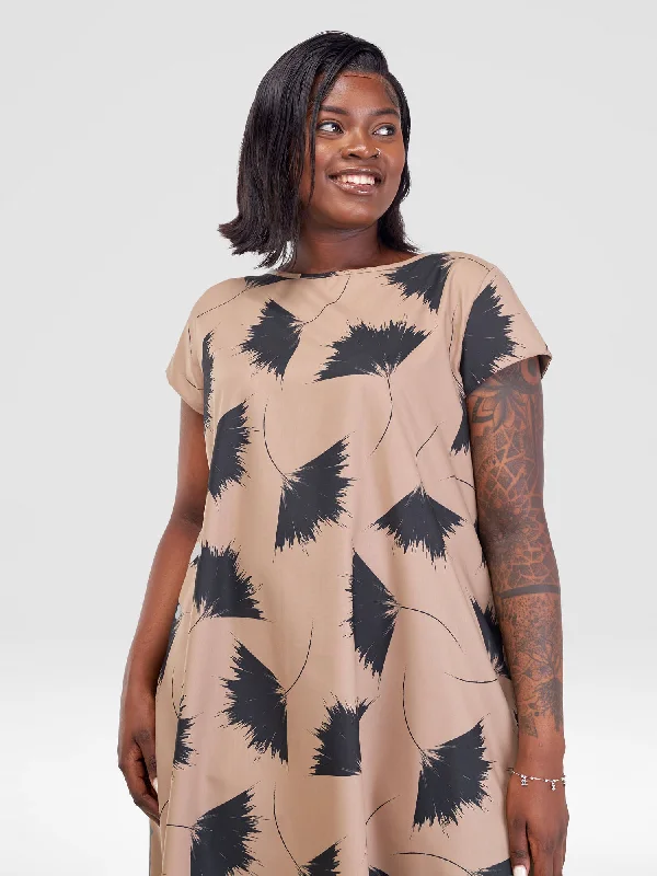 Vivo Jema High Low Tent Dress - Taupe / Black Niger Print