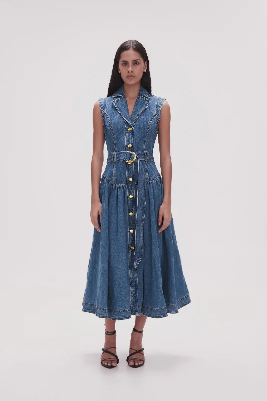 Elena Belted Denim Midi Dress