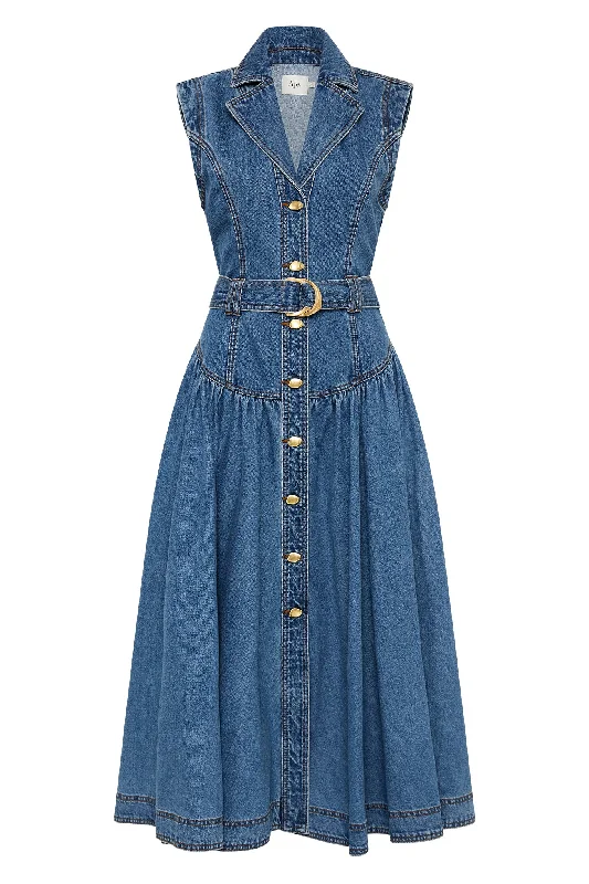 Elena Belted Denim Midi Dress