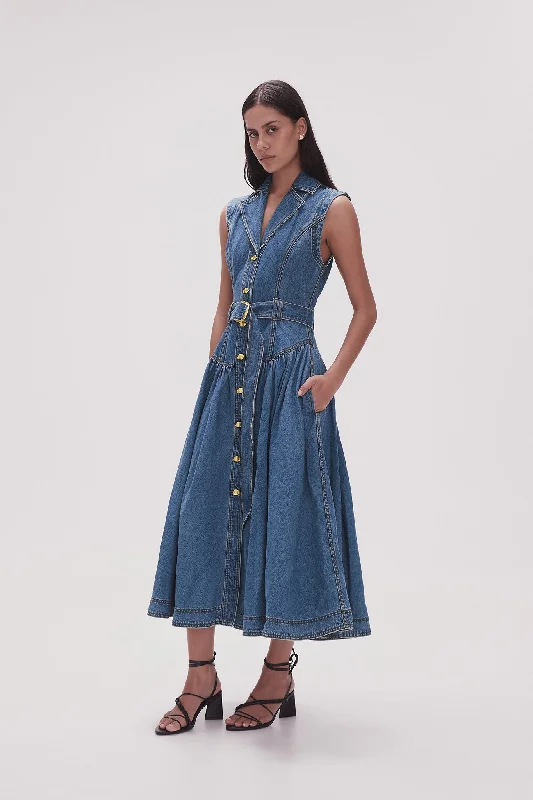 Elena Belted Denim Midi Dress