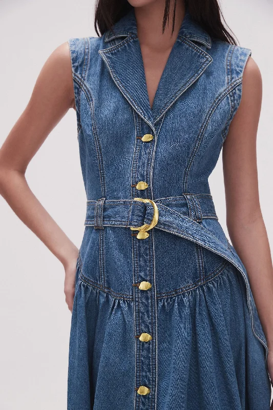 Elena Belted Denim Midi Dress