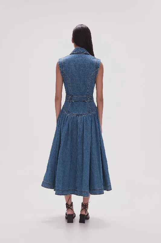 Elena Belted Denim Midi Dress