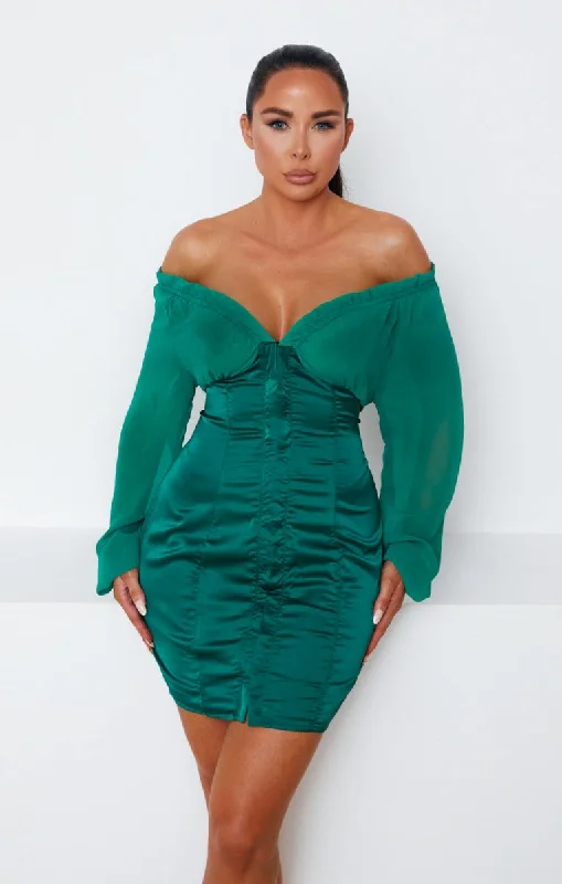 Emerald Green Satin Mesh Long Sleeve Bardot Bodycon Mini Dress - Collins