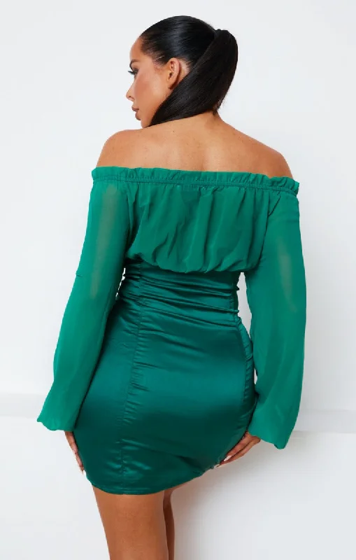 Emerald Green Satin Mesh Long Sleeve Bardot Bodycon Mini Dress - Collins