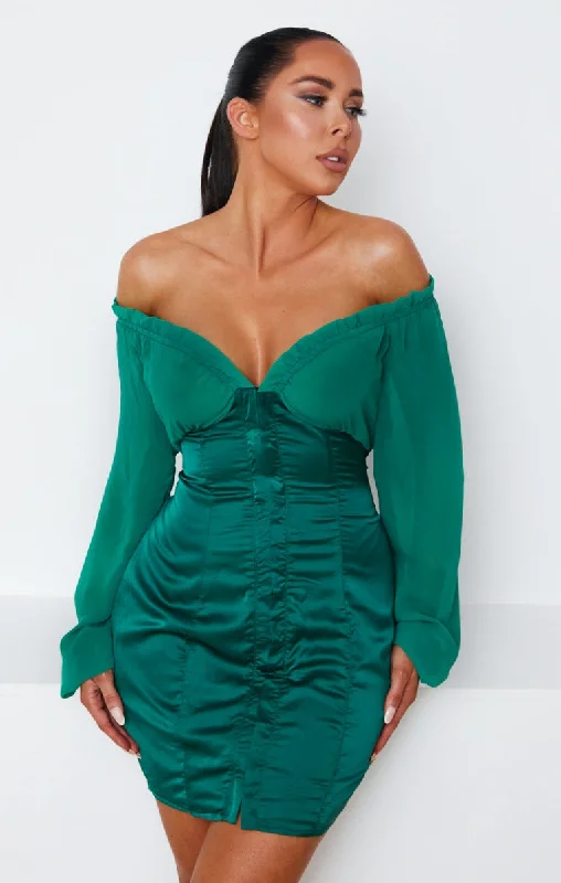 Emerald Green Satin Mesh Long Sleeve Bardot Bodycon Mini Dress - Collins