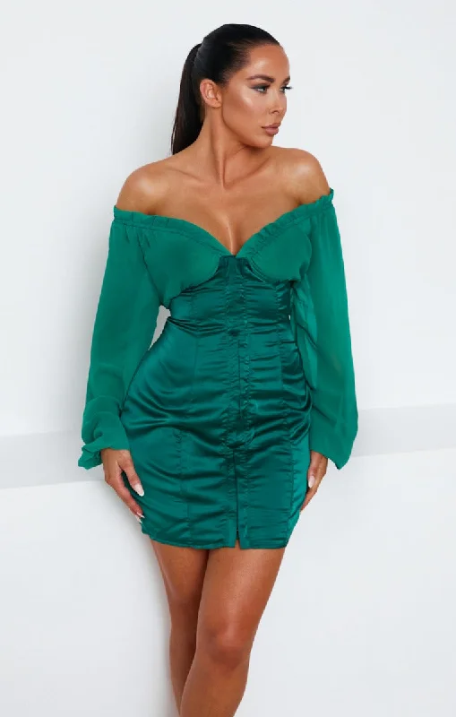 Emerald Green Satin Mesh Long Sleeve Bardot Bodycon Mini Dress - Collins