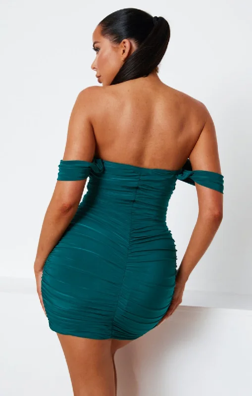 Emerald Green Slinky Ruched Bardot Bodycon Mini Dress - Goldy