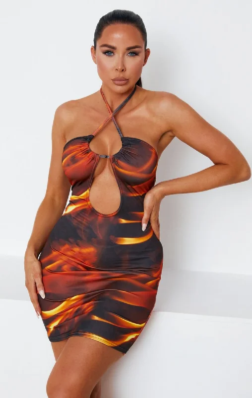 Fire Print Slinky Cut Out Bodycon Mini Dress - Pola