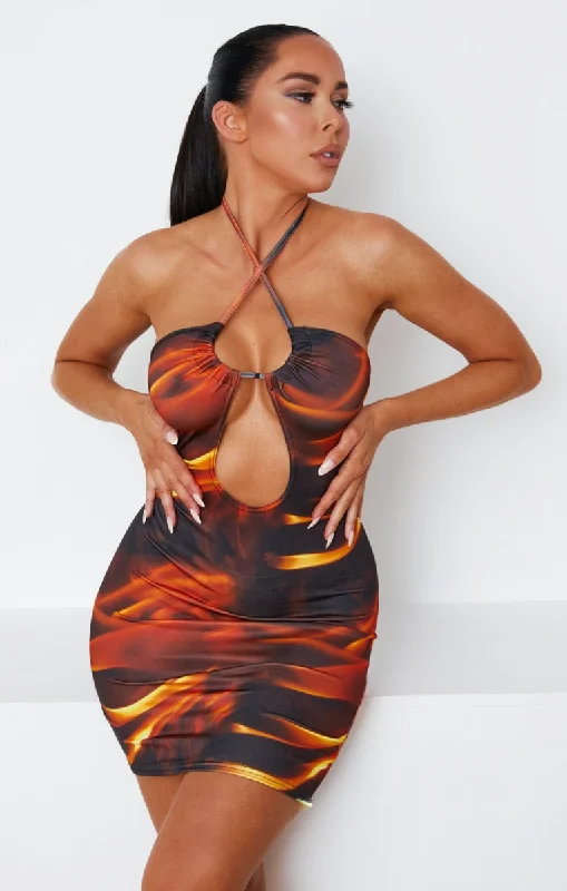 Fire Print Slinky Cut Out Bodycon Mini Dress - Pola