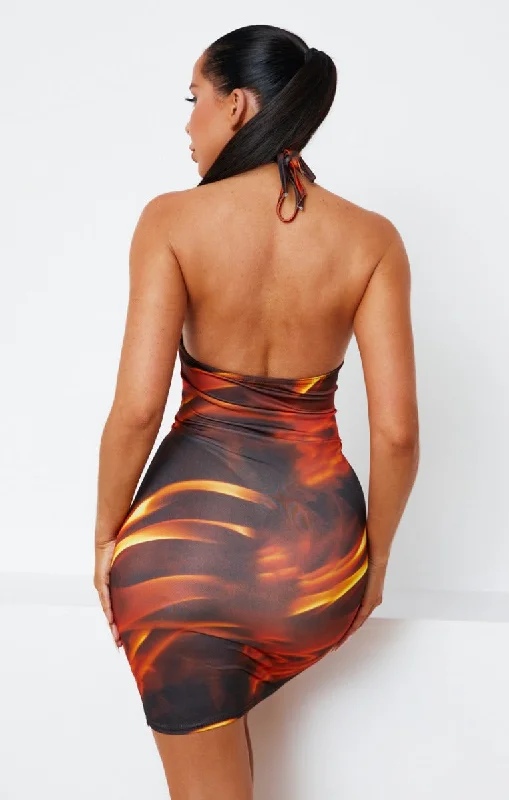 Fire Print Slinky Cut Out Bodycon Mini Dress - Pola