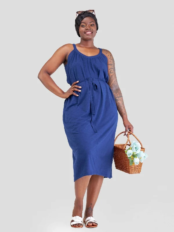 Hessed Round Neck Sleeveless Dress - Blue