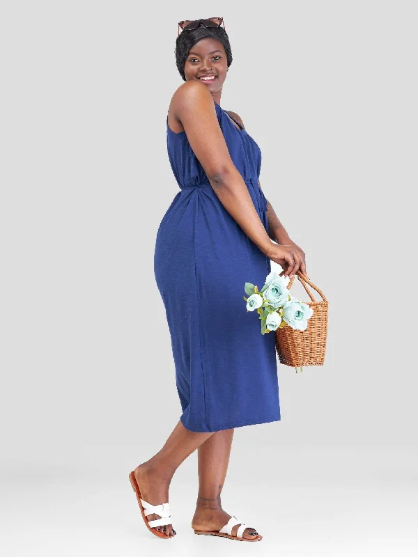 Hessed Round Neck Sleeveless Dress - Blue