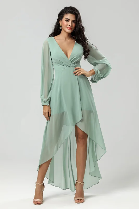 High Low V-Neck Matcha Bridesmaid Dress with Long Sleeves