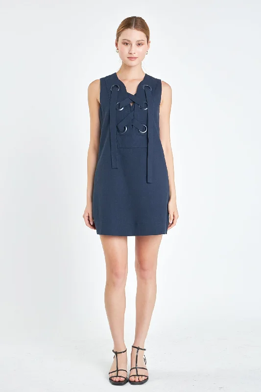 Linen Lace Up Front Dress