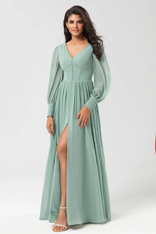 Long Sleeves Matcha Long Bridesmaid Dress with Split Front