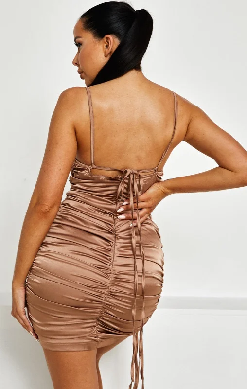 Mocha Satin Ruched Cup Detail Strappy Bodycon Mini Dress - Rosalita