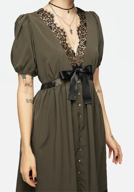 Mortuary Lace Button Up Midi Dress in Tea Leaf