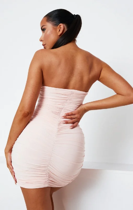 Nude Slinky Ruched Strapless Bodycon Mini Dress - Amya