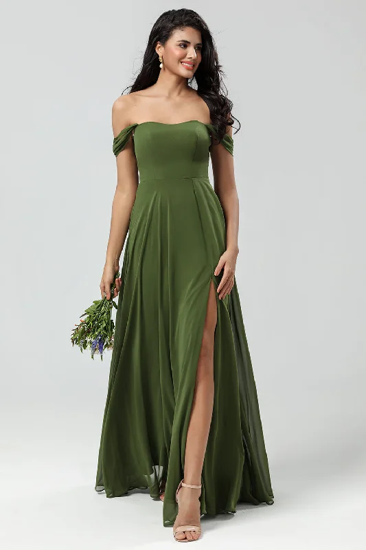 Off The Shoulder Chiffon Olive Bridesmaid Dress with Slit