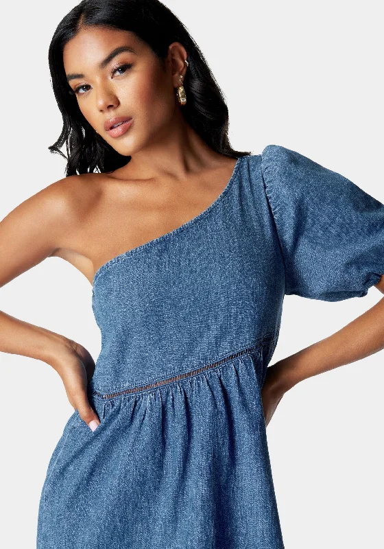 One Shoulder Asymmetric A Line Denim Dress