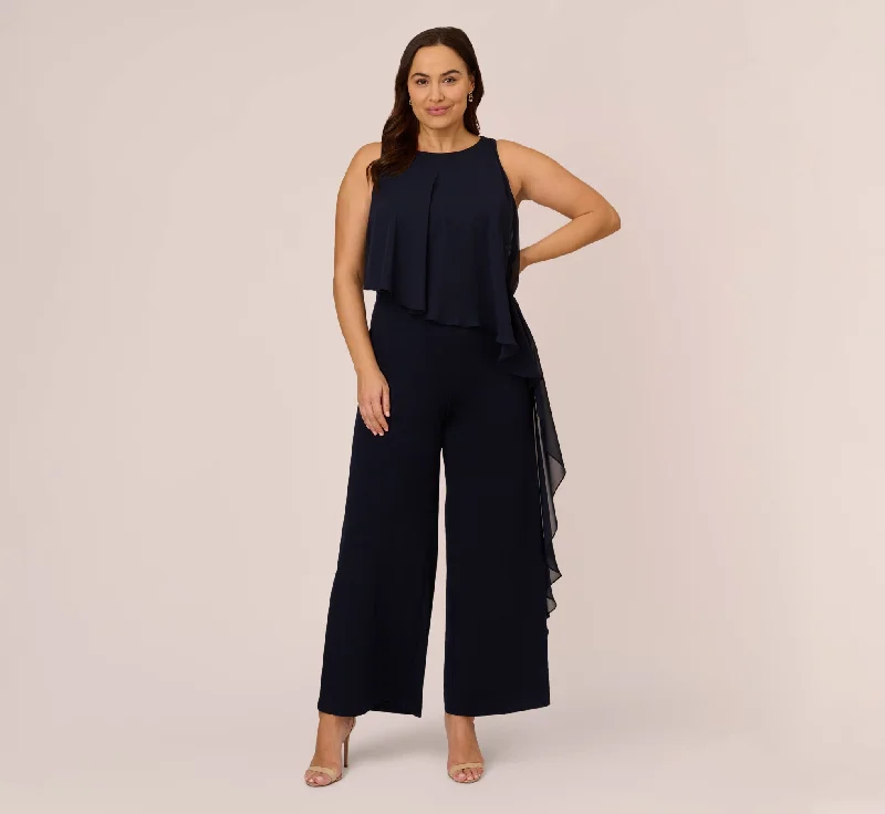 Plus Size Chiffon And Crepe Wide Leg Jumpsuit In Midnight