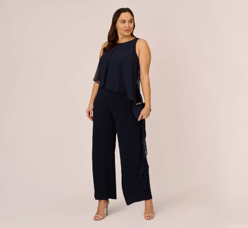 Plus Size Chiffon And Crepe Wide Leg Jumpsuit In Midnight