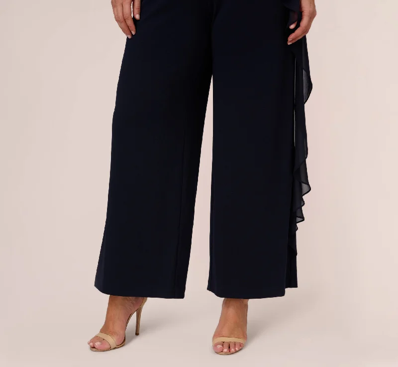 Plus Size Chiffon And Crepe Wide Leg Jumpsuit In Midnight