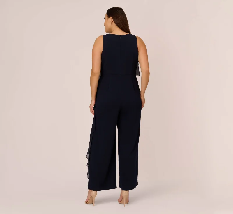 Plus Size Chiffon And Crepe Wide Leg Jumpsuit In Midnight