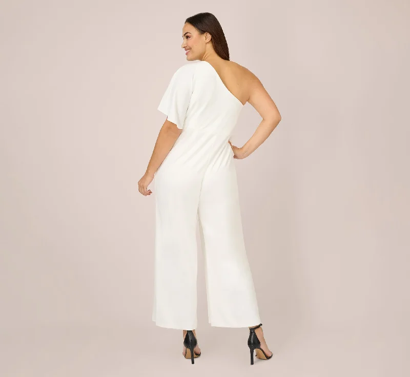 Plus Size Flutter One Shoulder Jumpsuit In Ivory