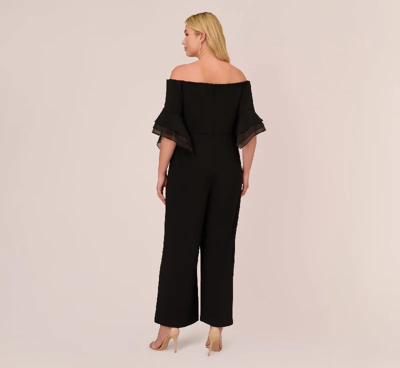 Plus Size Off The Shoulder Crepe Jumpsuit With Organza Sleeves In Black