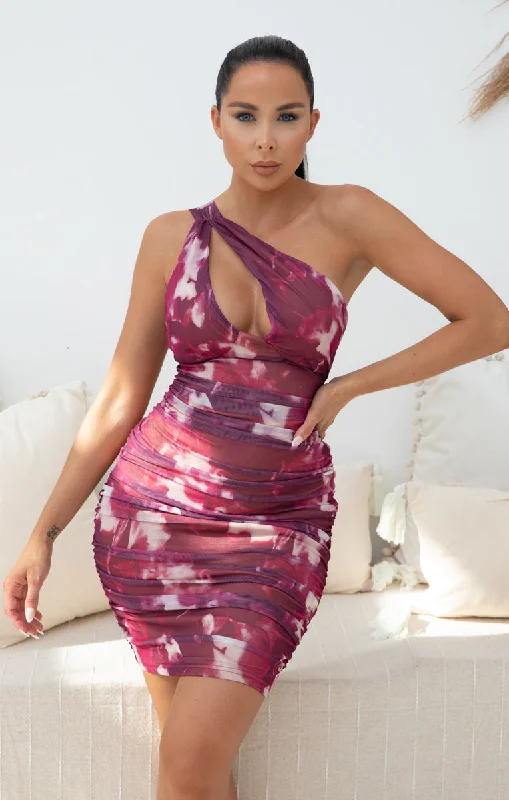 Wine Printed One Shoulder Cut-Out Bodycon Mini Dress - Amy