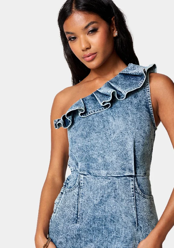 Ruffle Detail Lurex Denim Dress